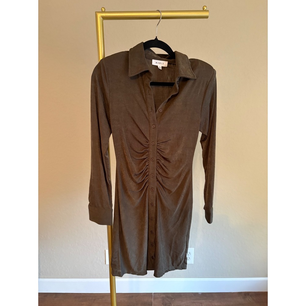 MABLE Dress Green Ruched Mini Shirt Dress M Grunge‎ Glam Party Going Out